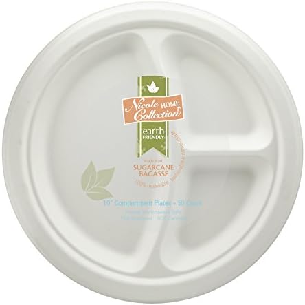 Nicole Home Collection Eco-Friendly 100% Compostable Sugarcane/Bagasse Heavy Duty Plates, 10 Inch, 3-Compartment Round Plate, 50 Count