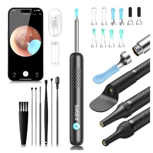 BEBIRD R1 Ear Wax Removal Tool, Ear Cleaner with Ear Camera, 1080P Ear Scope, Ear Wax Removal Kit with 2 Silicone Ear Scoops, Ear Pick with 6 LED Light for Earwax Removal, Black