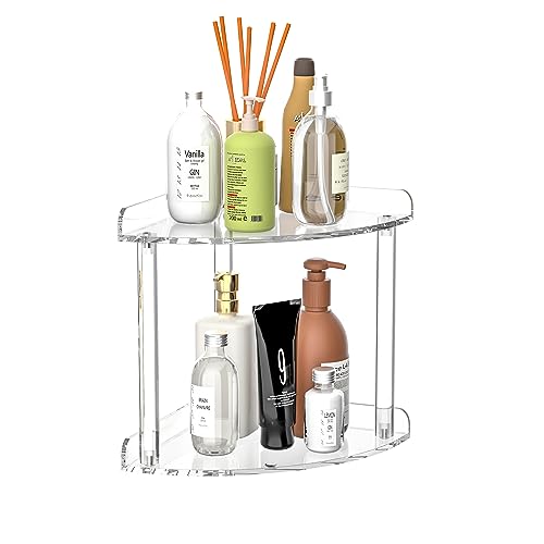 Sezanrpt 2 Tier Countertop Corner Organizer Shelf 7X7X8 Inch, Acrylic Bathroom Organizer Corner Shelf For Countertop cover