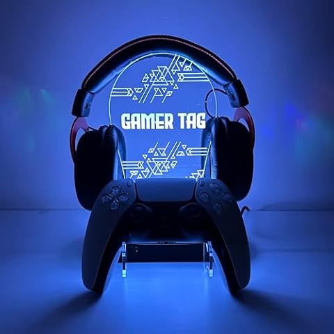 Customizable Gamer RGB Holder Stand for Headphones & Consoles, Headset Stand Accessories for Desk Gamers, Gaming RGB Headphone Organizer, Gamer Tag Lighted up Gamer Gift, 16 Light Modes 3D LED Lights Cover