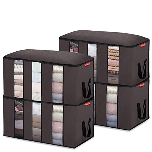 king do way 4PCS Bolsa de Almacenamiento de Ropa de Gran Capacidad con Asa Reforzada y 3 Compartimiento, Organizador Plegable y Transpirable para el Armario con Ventana Clara 61x33x31cm Marrón