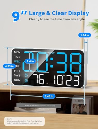 Image of 15-Inch Digital Wall Clock with Large LED Display - Remote Control, Auto-Dimming, Night Light, Date, Day, Temperature, DST Function - Ideal for Living Room, Bedroom (9 inch Blue)