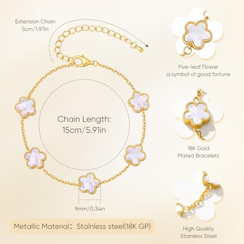 Gold Floral Bracelets for Girls - 18K Gold Plated Stainless Steel Bracelet Non Tarnish,Cute Lucky Five-leafs Flower Kids Jewelry Birthday Graduation Holiday Back to School Gift for Little Girl Teens — view 5