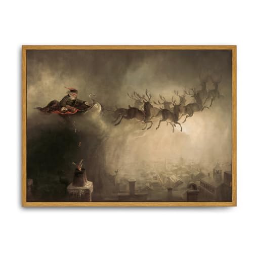 Roslynity Framed Canvas Wall Art Vintage Print Christmas Santa Claus Paintings Sleigh Reindeers Winter Xmas Gift Retro Aesthetic Artwork for Home Living Room Bedroom Farmhouse Decor (12'x16')