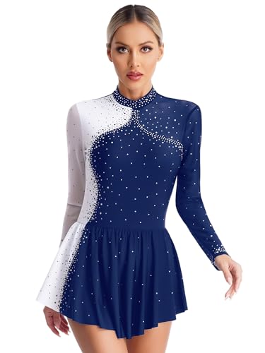 CHICTRY Eiskunstlauf Kleid Damen Langarm Strass Glitzer Ballettkleid Stehkragen Tanzbody Farbblock Patchwork Trikot Mit Wickelrock Dancewear Navy blau...