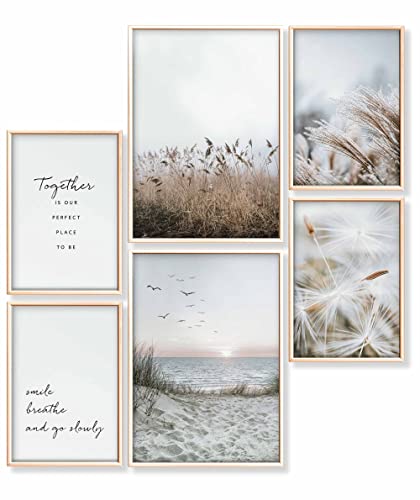 Heimlich® Premium Poster Set OHNE Bilderrahmen | 2 x DIN A3 & 4 x DIN A4 - ca. 30x42 & 21x30 | Stilvolle Poster Collagen mit passenden Bilder als Wanddeko » Beige Strand Gras «