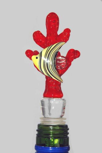 Hand-blown Glass Red Coral w/Angel Fish Bottle Stoppers by Yurana Designs - BS044
