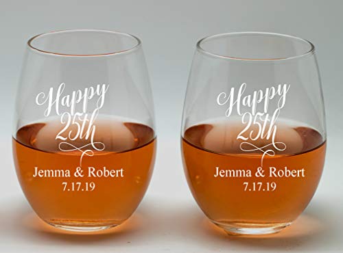 Krezy Case 25Th Anniversary Couple Wine Glasses,20Oz Etched Stemless Wine Glasses For Couples, Perfect Engagement Wine Glasses,Bridal Shower Wine Glasses, Wedding Party,Anniversary Wine Glasses #TOP1