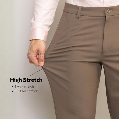 Image of SUBTRACT Men 4 Way Stretch Wrinkle Free Slim Fit Formal Trouser in with 2 Inch Flexible Waistband | Men's Trousers for Office Or Party