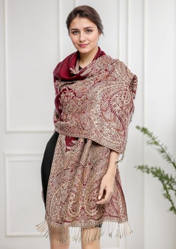 Achillea Luxurious Double Layered Jacquard Big Paisley Pashmina Shawl Wrap Scarf (Burgundy)