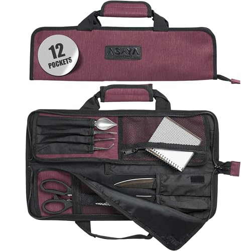 Asaya Chef Knife Roll Bag - 12-Pocket Chefs Case for Kitchen Knives and Utensils, Lightweight Stain-Resistant Waxed Nylon Chef Knife Bag - Knives Not Included (Red)