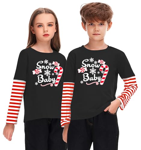 Image of Remimi Unisex Kids Christmas Long Sleeve Shirt Xmas Print Stripe Shirts 2-12 Years