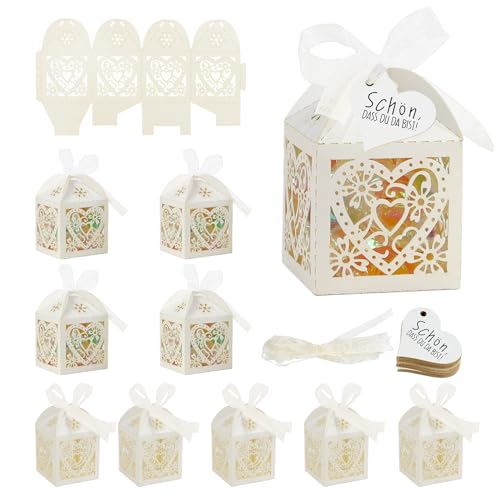 LALAGO 100 Stück Hochzeit Geschenkbox Süßigkeiten Box Gastgeschenke Kleine Geschenkboxen Schachtel mit Farbband Bonboniere Kasten für Gäste für Hochzeit Hochzeitstag Kinder Taufe Party (off-white)