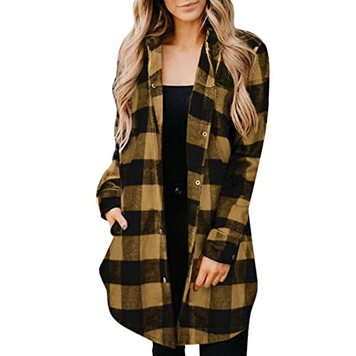 Estink Chemise à Carreaux Longue pour Femme Jacke à Manches Longues Décontracté Mi-Longueur à Carreaux Haut Col Manteau(XXL-Jaune) Cover