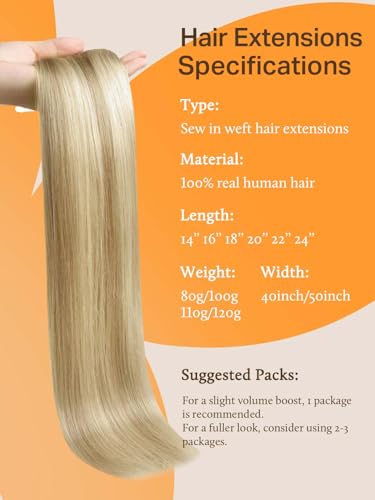 Image of DOORES Weft Extensions Sew in Hair Extensions Real Human Hair, Dirty Blonde Highlighted Golden Blonde 24 Inch 120g, Weft Extensions Long Straight Hair