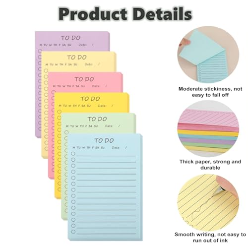 Notizzettel,6 Stück Sticky Notes,Selbstklebende Notizblöcke To Do Listen Block Haftnotizen Klebezettel Seitenmarker Page Marker für Schule,Büro,Meetings,Zuhause(300 Blatt,10 x 15 cm)