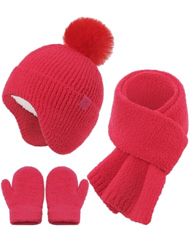 Toddler Hat and Gloves, Baby Beanie Scarf Neck Gaiter Mittens Sets for 0-6 6-12 Months 2t-4t, Kids Winter Hat with Ear Flaps