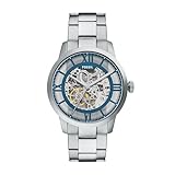 Fossil Men's Townsman 44mm Automatic Watches for Men, Skeleton Watch, Stainless Steel and Leather, Color: Silver, Blue (Model ME3260)