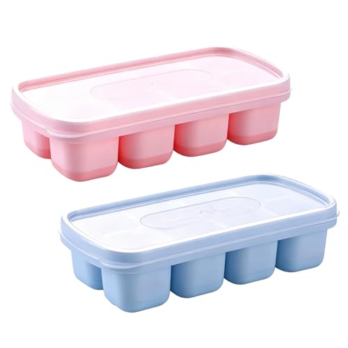 WUMZIRA Set di 2 Stampi Ghiaccio in Silicone con Coperchio, Cubetti Ghiaccio Grandi per Cocktail e Bevande, Porta Ghiaccio per Freezer in Silicone Alimentare Senza BPA, 8 Scomparti, Blu e Rosa