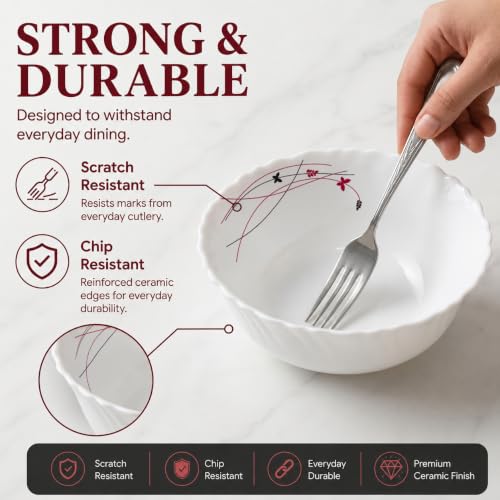 Image of Cello Lush Fiesta Dazzle Series Opalware Pudding Bowls Set of 7 Pieces White | 6 x 180ml Veg Bowls, 1 x 790ml Serving Bowl, Leadfree Microwave Safe Opal Glass Bowls Crockery Set for Dining & Gifting