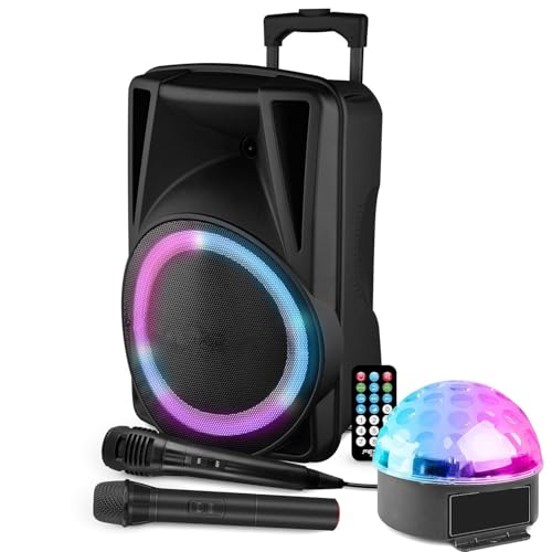 Enceinte Active 600W avec USB, Bluetooth + Jeux DE Lumiere ASTROBALL + Micro sans Fil PA DJ Sono LED Soiree Famille Karaoke