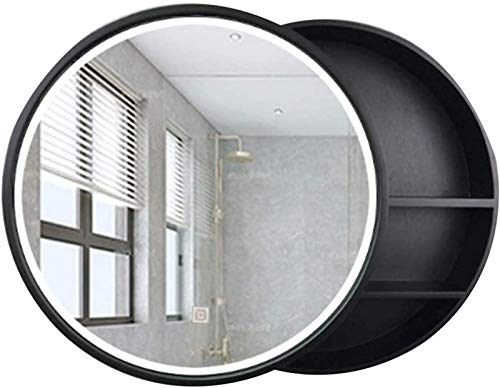 XM-MIRROR Spiegelschränke Badezimmer Runder Massivholz Wandspiegel mit LED-Lichtleiste Wandschrank mit Schiebetür,Schwarz,60cm Cover