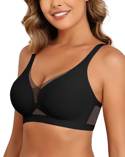 As Fairy Seamless Mesh Deep V Push-up Wireless Bra with Support and Lift Soft Bras for Women (Black+Beige 38B)