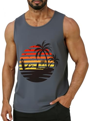 Idgreatim Mens Hawaiian Tank Tops Summer Beach Plam Tree Sunset Tees Sleeveless Tees T Shirt XXL