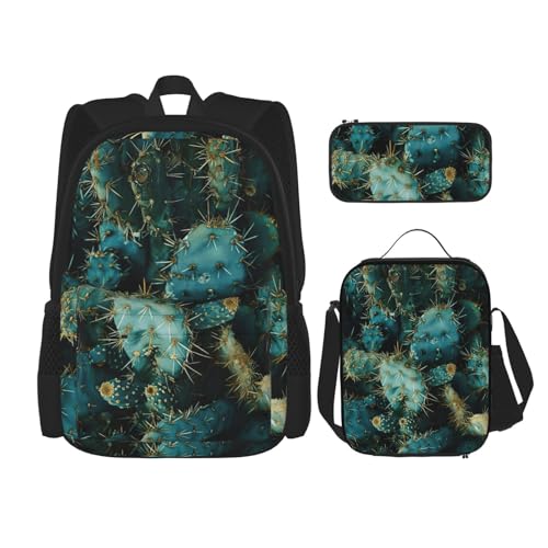 Cactus Print 3 Piece Backpack Set, Laptop Daypack, Lightweight Bookbag Set With Lunch Bag Pencil Case