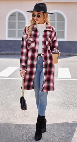 Women's Plaid Shirt Shacket Jacket 2025 Casual Button Down Long Sleeve Tartan Long Lapel Woolen Coats with Pockets4
