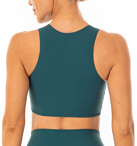 Lavento Women's Ribbed High Neck Sports Bra Double-Layer Workout Yoga Bras Top - Image 2