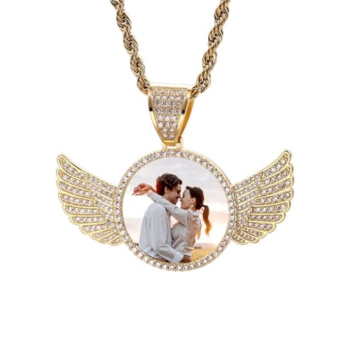 Personalized Hip Hop Necklace for Men Women Custom Angel Wing Pendant Customized Memorial Necklace with Picture Inside/Text Personalized Photo Pendant Gifts for Boyfriend