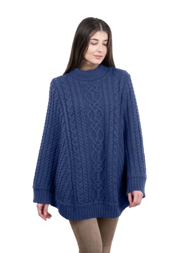 Image of SAOL 100% Merino Wool Cable Knit Ladies Irish Aran Poncho Cardigan