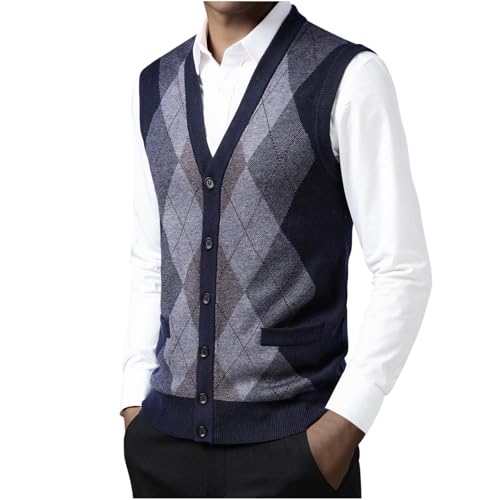 Men's Knitted Sweater Vest Color Block Button Down Sleeveless Cardigan Casual V Neck Trendy 2025 Argyle Sweater Top2