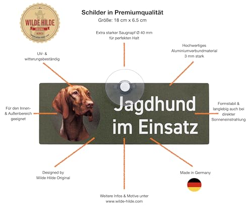 DEUTSCH DRAHTHAAR DD - Schild mit Saugnapf 'Jagdhund im Einsatz' für die Autoscheibe aus Aluverbund, UV- & Witterungsbständig, formstabil, 18 x 6.5 cm - MADE IN GERMANY