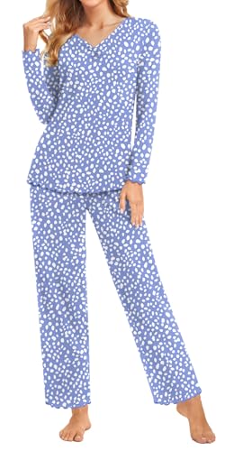 BISHUIGE Womens Casual Ruffle Pajamas Set Long Sleeve V Neck Tops For Soft And Comfortable Pants Set XL, Spotted Blue