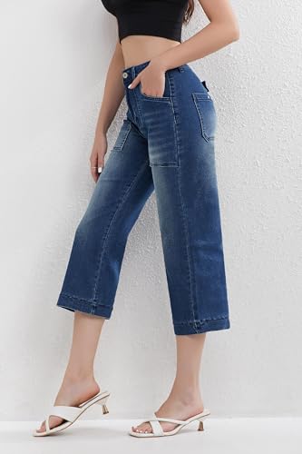 Women's High Waisted Wide Leg Capri Jeans Stretchy Denim Cropped Pants with Utility Pockets Comfort Fit2