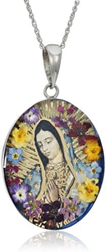 Sterling Silver Virgin Mary of Guadalupe Pressed Flower Pendant Necklace, 18"