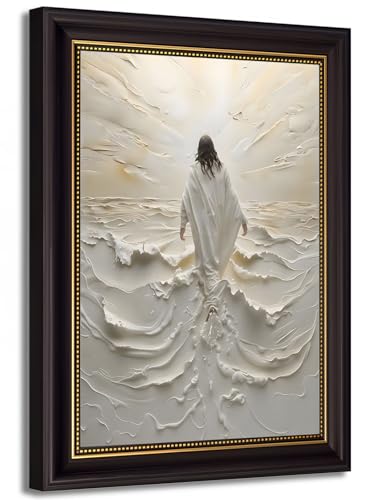 Framed 3D Textured Jesus Wall Art Abstract Jesus Walking on Water Wall Decor Pictures Christian Spiritual Divine Light Religious Posters Prints for Living Room Bedroom Church Decoration 16x24in