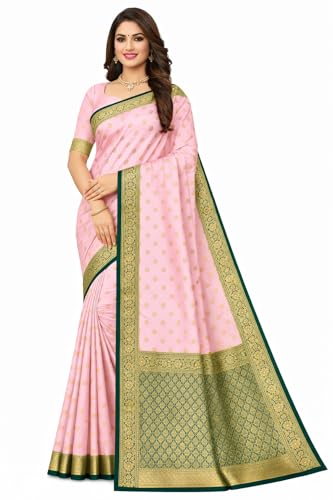 TRILOK CREATION Women’s Elegant Banarasi Style Saree with Gold Zari Work – Traditional Indian Ethnic Wear for Wedding & Festive Occasions (Baby Pink & Green)