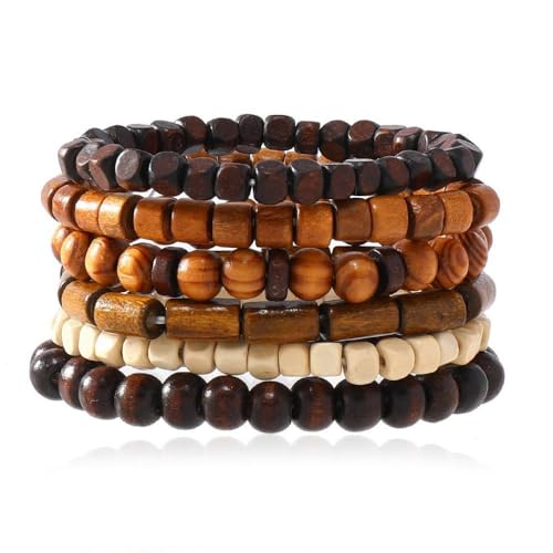 Agvdg 6Pcs Mens Beaded Bracelets – Wooden Bead Bracelet Set, Adjustable Elastic Multi-Layer Stackable Wristbands, Cuffs Gifts for Men Women (Light Brown)
