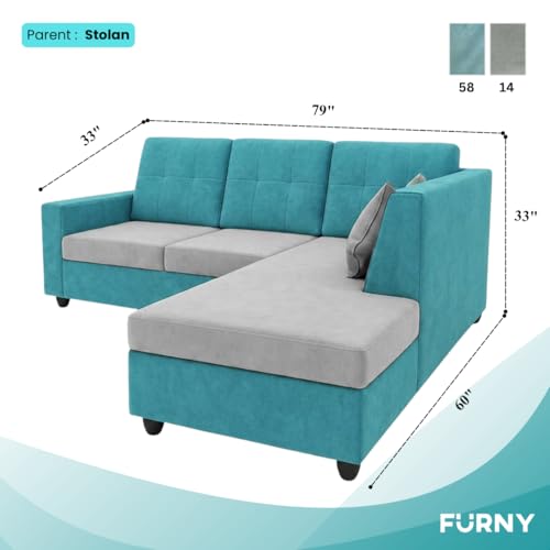 Image of FURNY Nathan 4 Seater L Shape Sofa Set RHS (Sky Blue-Light Grey) | Suede Velvet Finish | Durable Comfort Sofa for Modern Living Room & Office Spaces