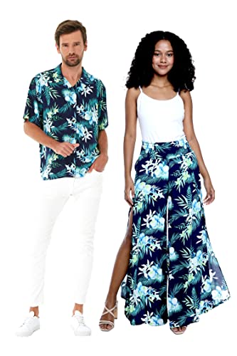 Matchable Couple Hawaiian Luau Shirt or Wide Legged Pants in Orchid Breeze Navy