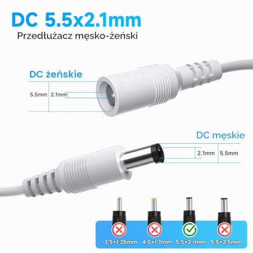 Przewód przedłużający DC 5M, najwyższej jakości, z czystej miedzi, 5,5 mm x 2,1 mm, do kamer CCTV/routerów/pasków LED i innych urządzeń – biały