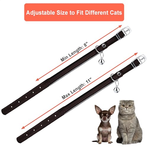 OOPSDOGGY Rolled Leather Cat Collar with Bell, Reflective Kitten Collars with Buckle Include Safety Elastic Strap - Adjustable Small Pet Collars for Boy Girl Cats (Dark Brown) by OOPSDOGGY - Image 4