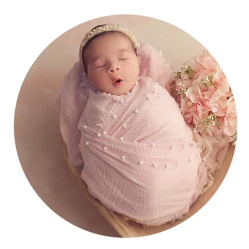 Image of Honra Orraphtstu 2pcs Newborn Photography Props Wraps Pearl Headbands Photoshoot Baby Photo Posing Blanket Layers(Pink)