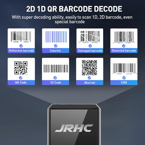 JRHC 1D 2D Wireless Barcode Scanner Bluetooth, Mini Portable Barcode Reader, 3-in-1 BT & 2.4G & USB Wired QR Code Scanner, Compatible with Android, iOS, Windows, Mac Tablets Or PC