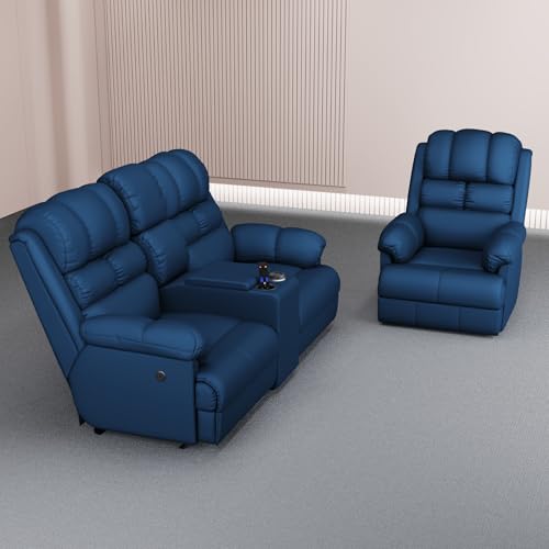 Image of The Sleep Company Fabric Luxe 2+1 Seater Motorised Recliner | Patented Smartgrid Technology | 2+1 Seater Recliner Sofa Set | Cupholders & 25L Storage | Unique Lumbar Design | Usb Charging | Blue