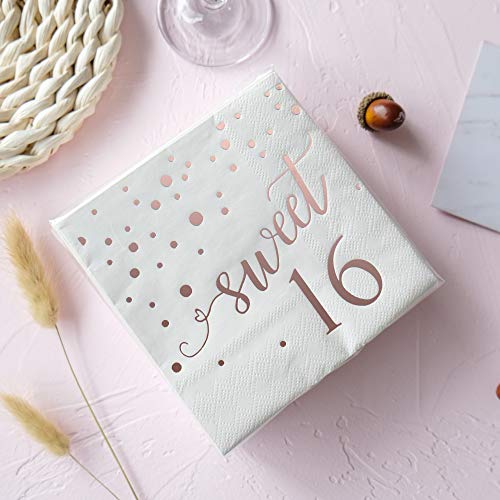 16Th Birthday Cocktail Napkins Rose Gold Foil Confetti & Sweet 16 | Sixteen Bday Celebrations Party Favor Supplies & Decorations | 50-Pack 3-Ply | Folded 5 X 5 Inches Disposable Paper Beverage Napkin #TOP1