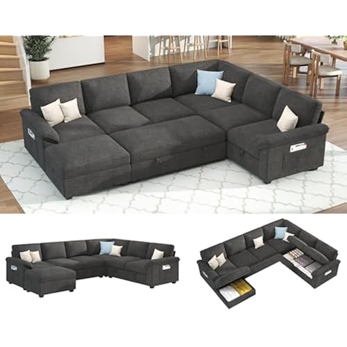 Jocisland 105" Sofa Bed, Sectional Sleeper Sofa with Pull Out Bed/Reclining Backrest, Sleeper Couch Bed with Storage, 6 Seater Couch Bed for Living Room, Chenille Dark Gray